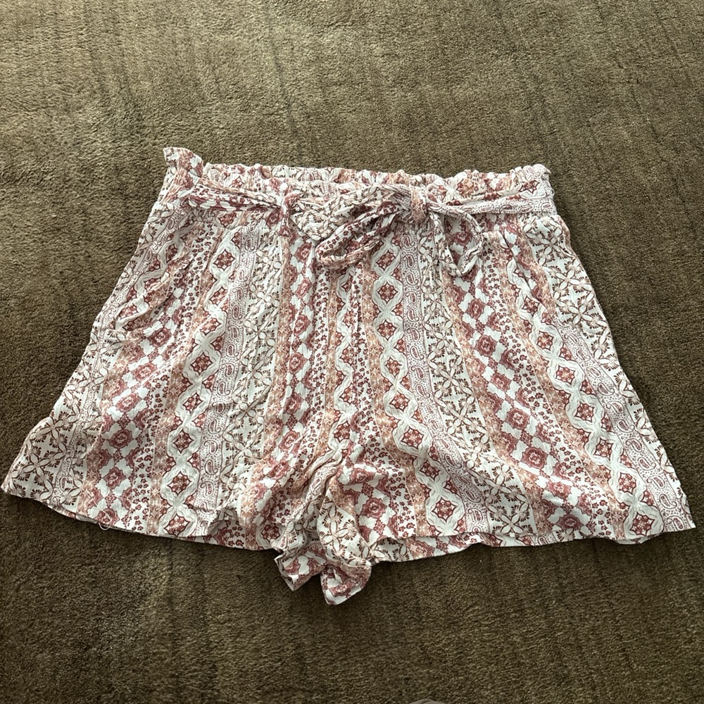 Pink Rose High Waist Patterned Shorts - Red and White
